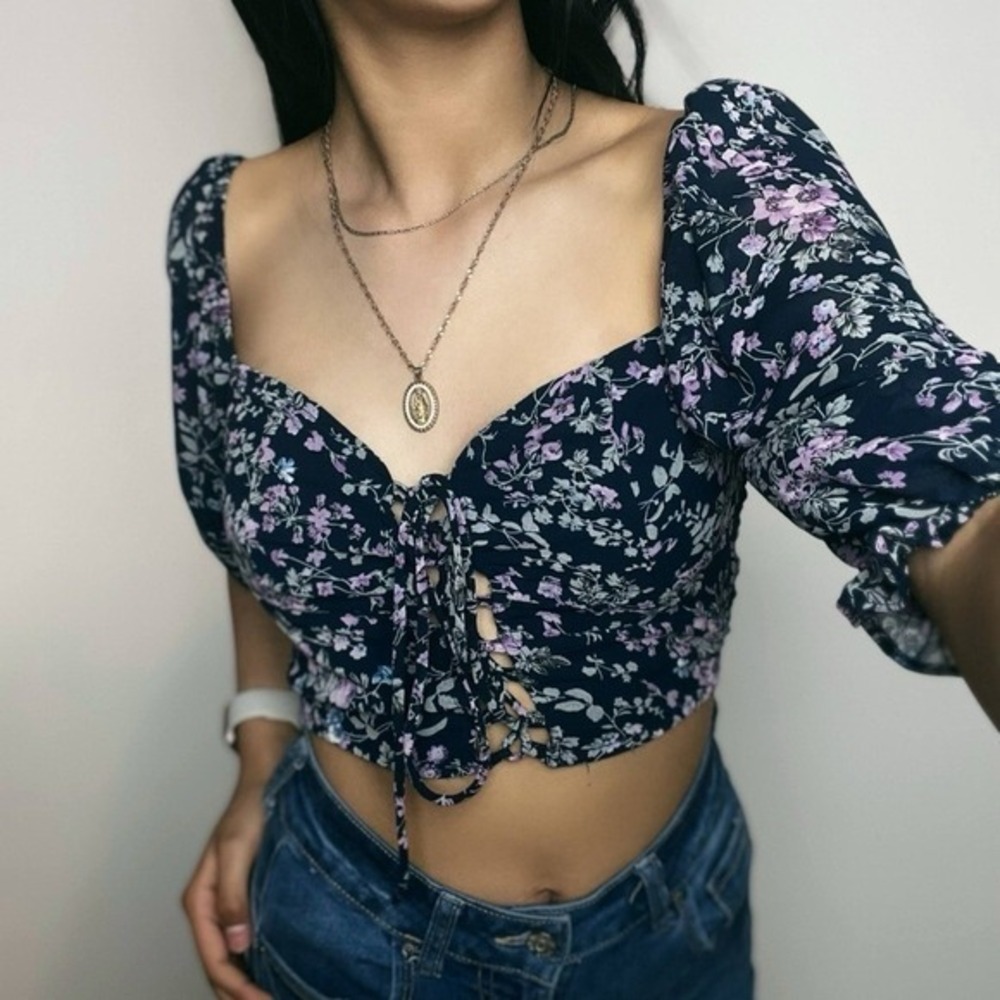 Blush BJ Crop Top Size Medium Navy Purple Floral LaceUp Balloon Sleeve Fairycore